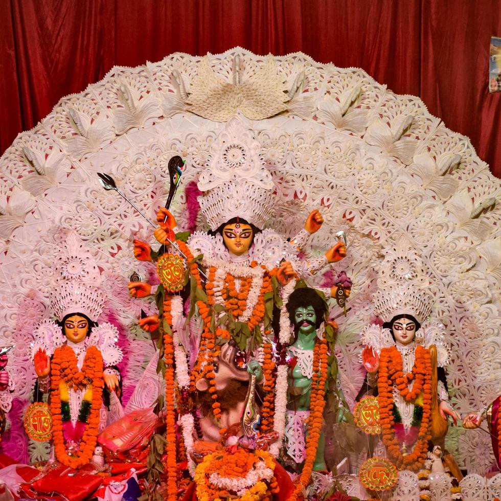 Kolkata, India, September 29,2021 - Goddess Durga with traditional look in close up view at a South Kolkata Durga Puja, Durga Puja Idol, A biggest Hindu Navratri festival in India photo