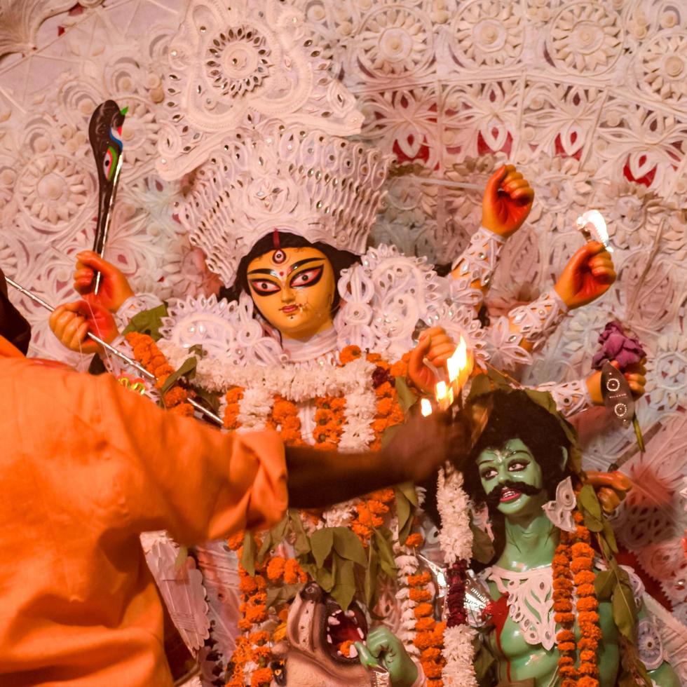 Kolkata, India, September 29,2021 - Goddess Durga with traditional look in close up view at a South Kolkata Durga Puja, Durga Puja Idol, A biggest Hindu Navratri festival in India photo