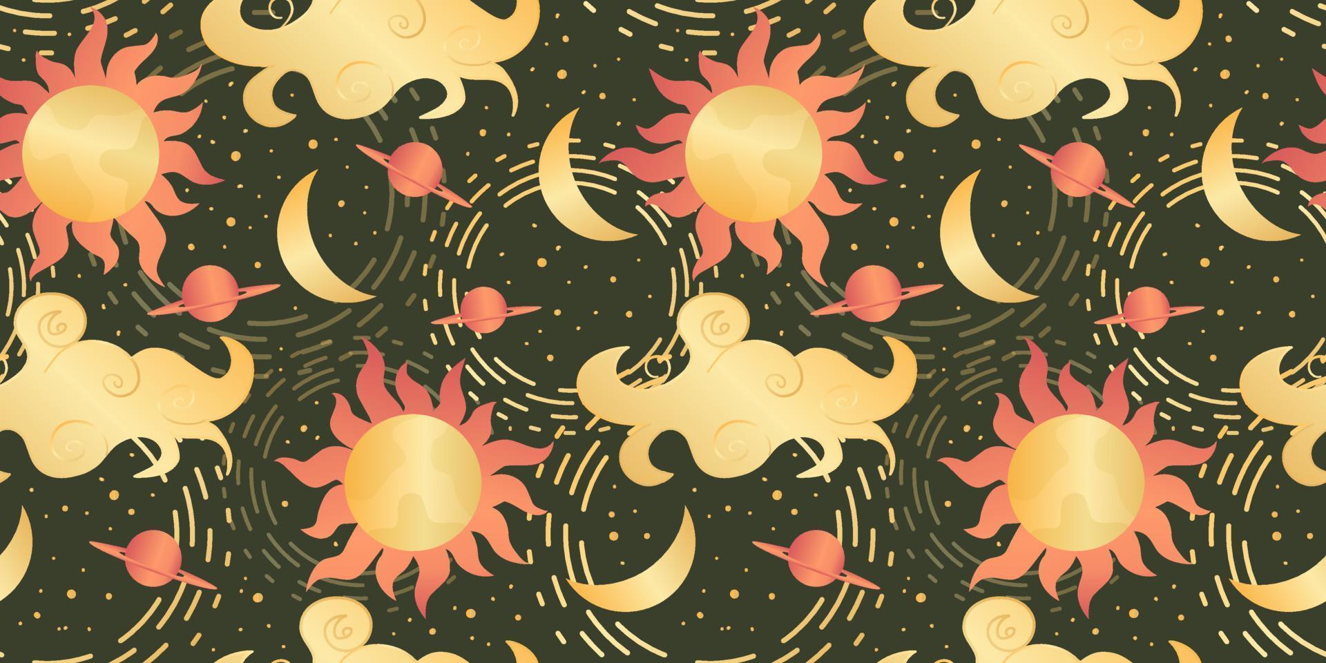 Celestial seamless pattern with sun, moon and stars. Magic astrology in boho vintage style. Mystical pagan golden sun with planets and clouds. Vector illustration.