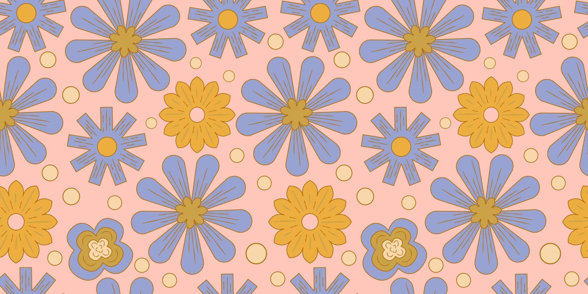 Groovy y2k retro de patrones sin fisuras con flor, arco iris. ilustración vectorial retro. fondo de flores maravillosas. Ilustración de patrones sin fisuras hippie colorido. vector