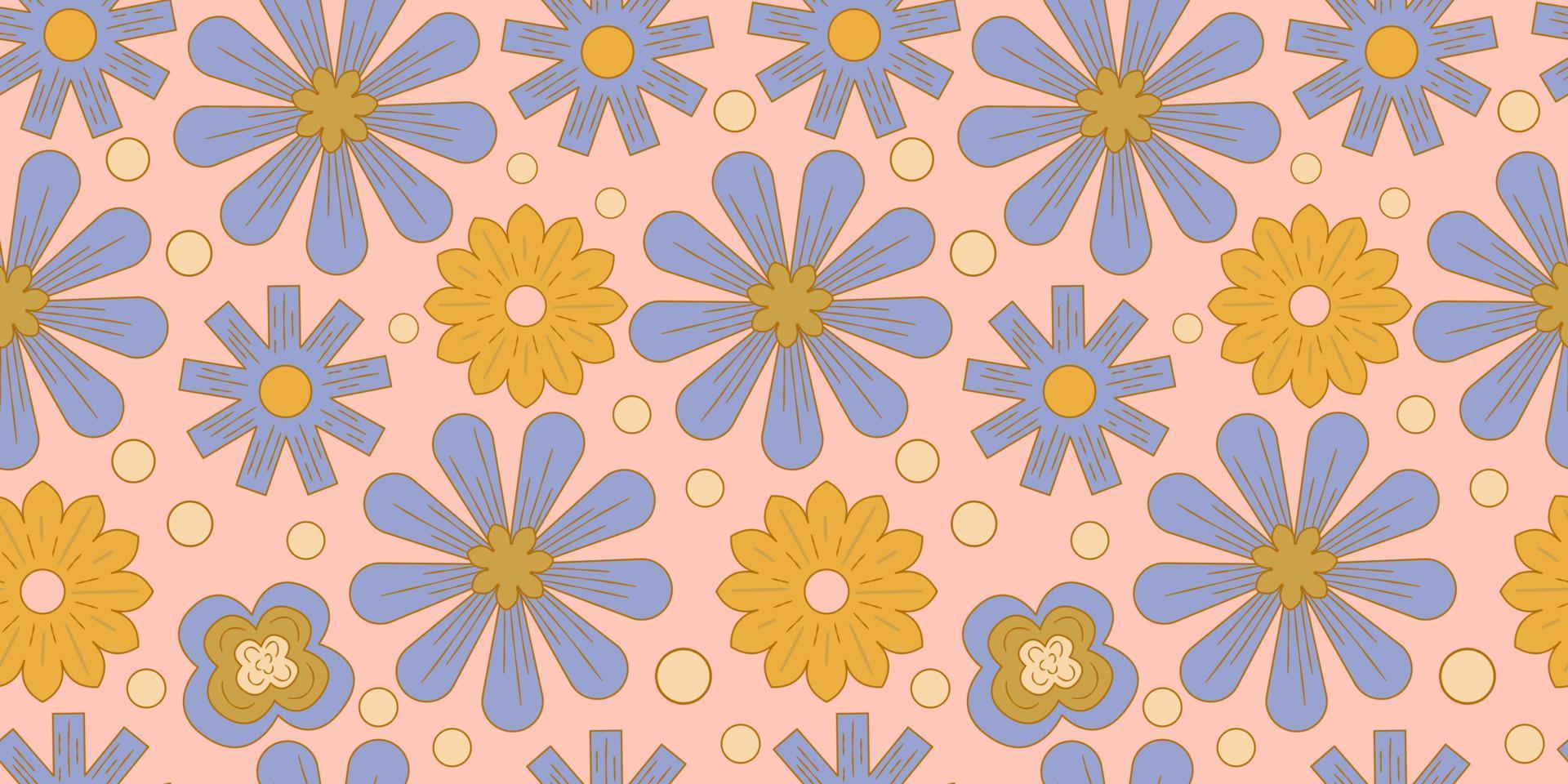 Groovy y2k retro seamless pattern with flower, rainbow. Retro vector illustration. Groovy flower background. Colorful hippie seamless pattern illustration.
