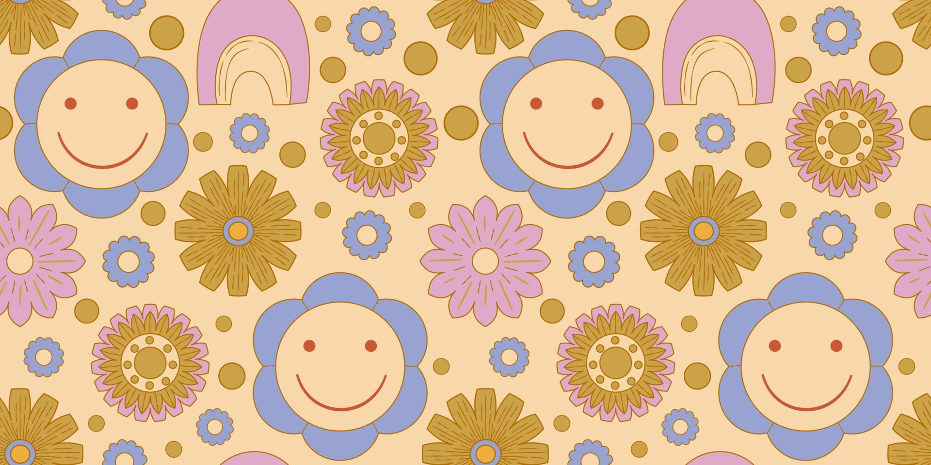 Groovy y2k retro seamless pattern with flower. Retro vector illustration. Groovy flower background. Colorful hippie seamless pattern illustration