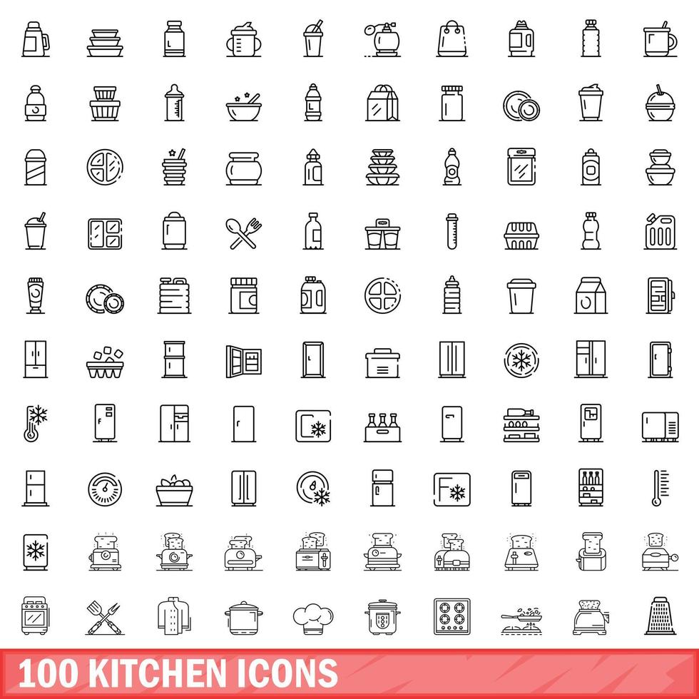 100 kitchen icons set, outline style vector