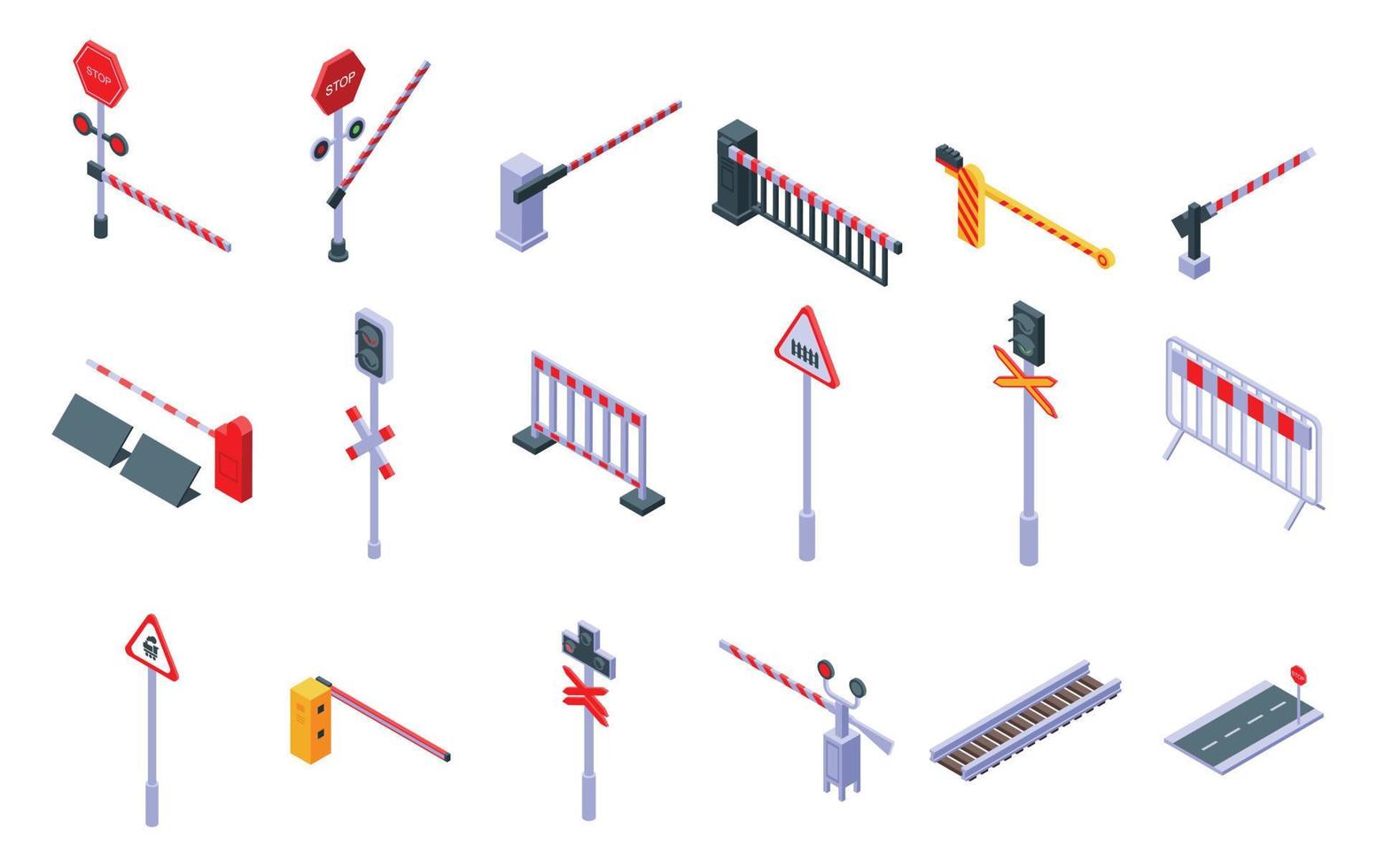 conjunto de iconos de barrera ferroviaria, estilo isométrico vector