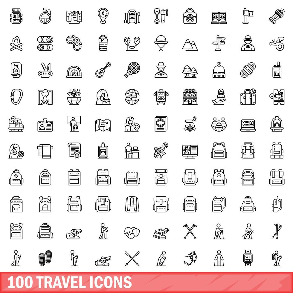 100 travel icons set, outline style vector