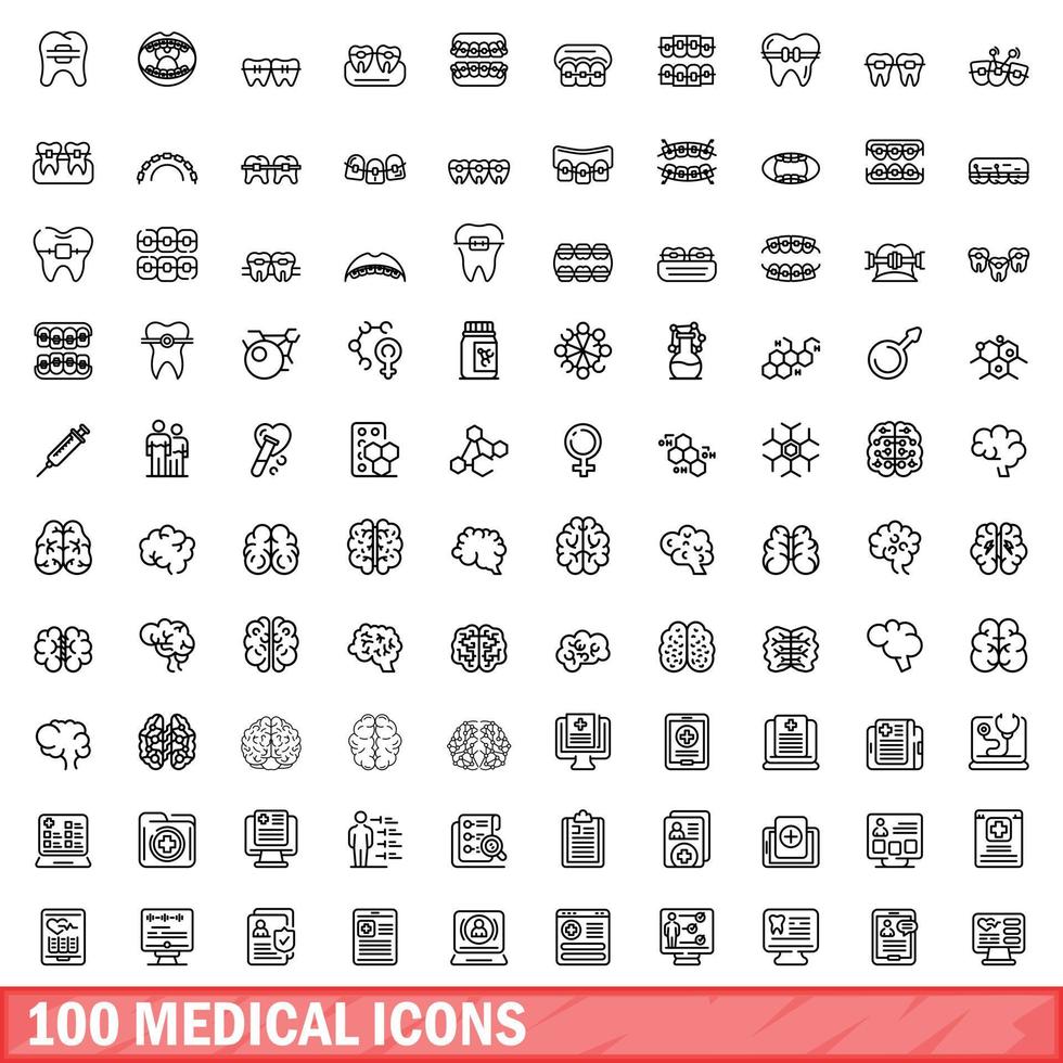 100 medical icons set, outline style vector