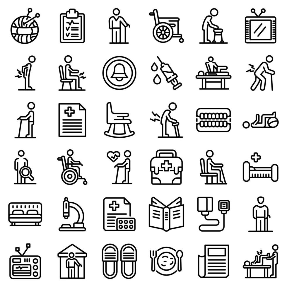 conjunto de iconos de hogar de ancianos, estilo de esquema vector