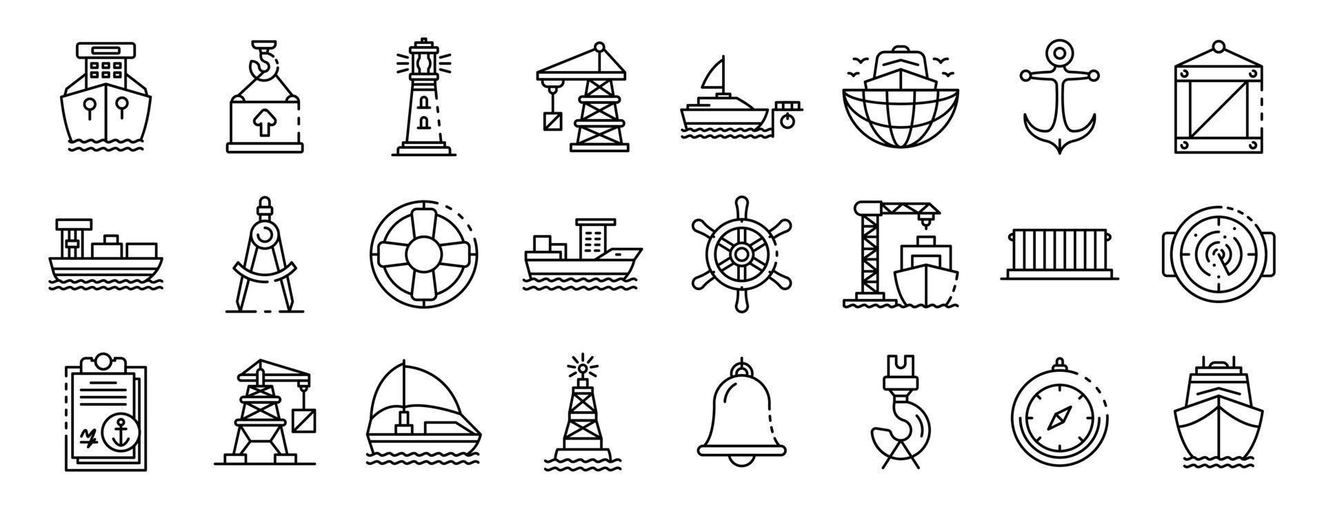 Marine port icons set, outline style vector