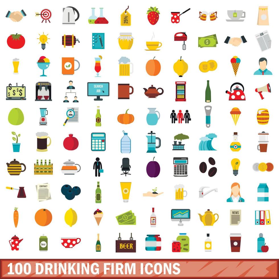 100 drinking firm icons set, flat style vector