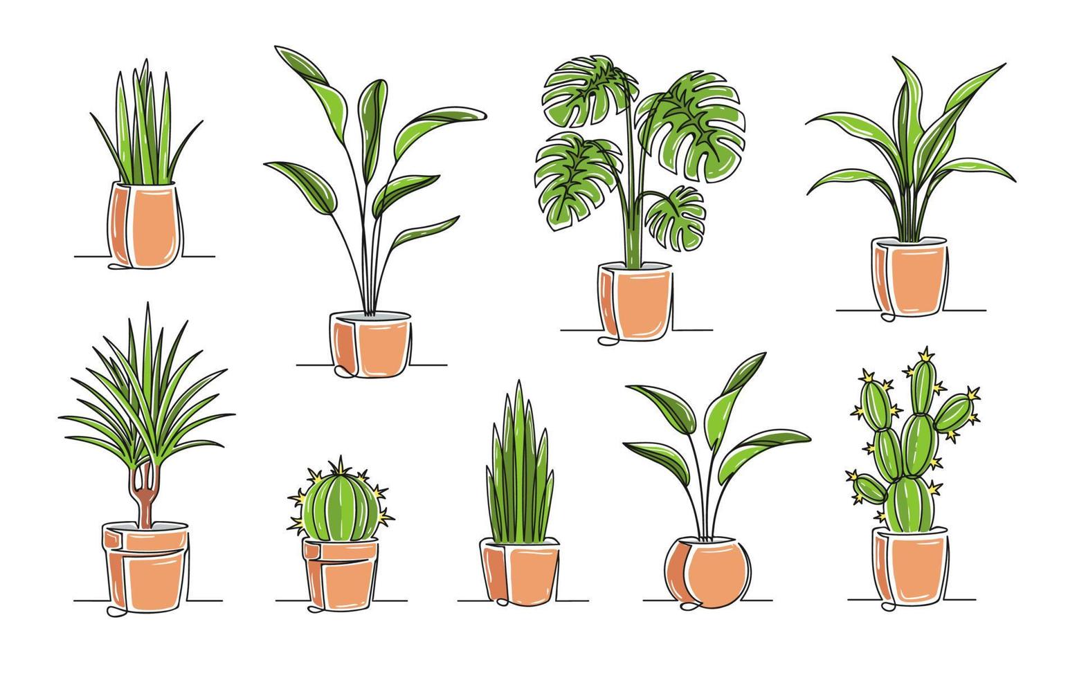 Set of continuous one line drawing of a flowers in a pots vector