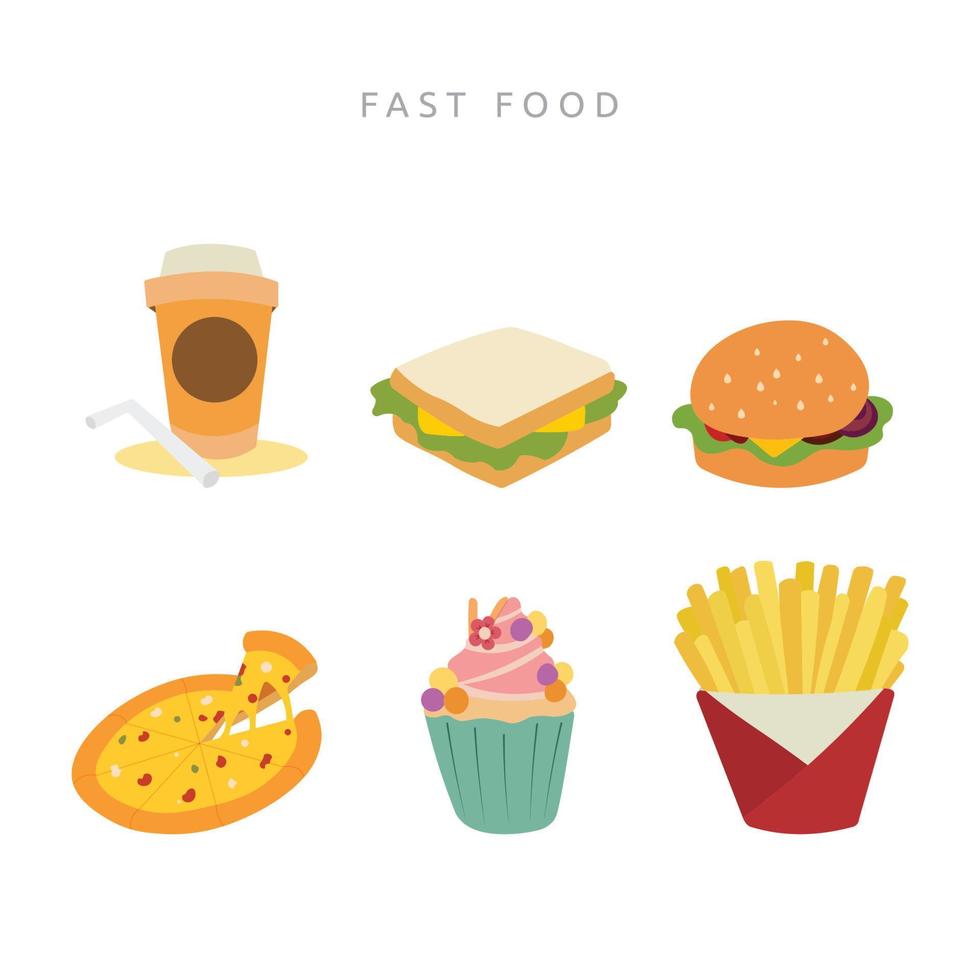 Fast Food Sandwich Burger Pizza Drink Cake Set vector