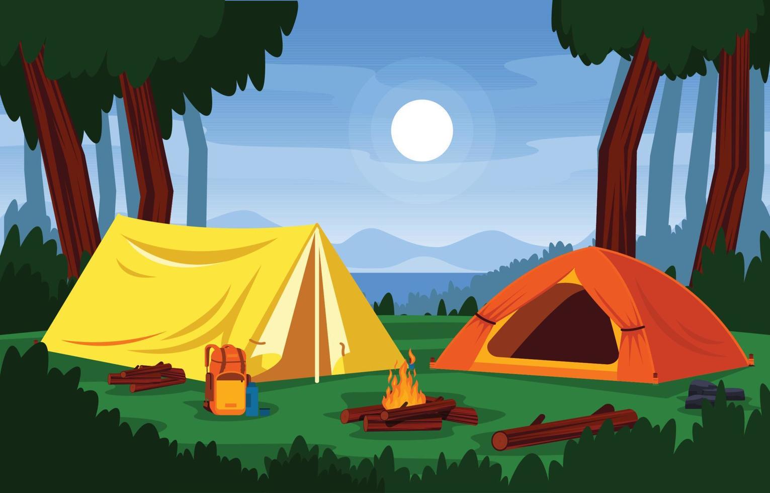 campamento de verano tienda al aire libre lago naturaleza aventuras vacaciones vector