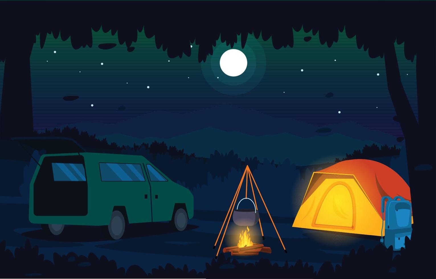 vacaciones noche campamento tienda al aire libre aventura naturaleza paisaje vector