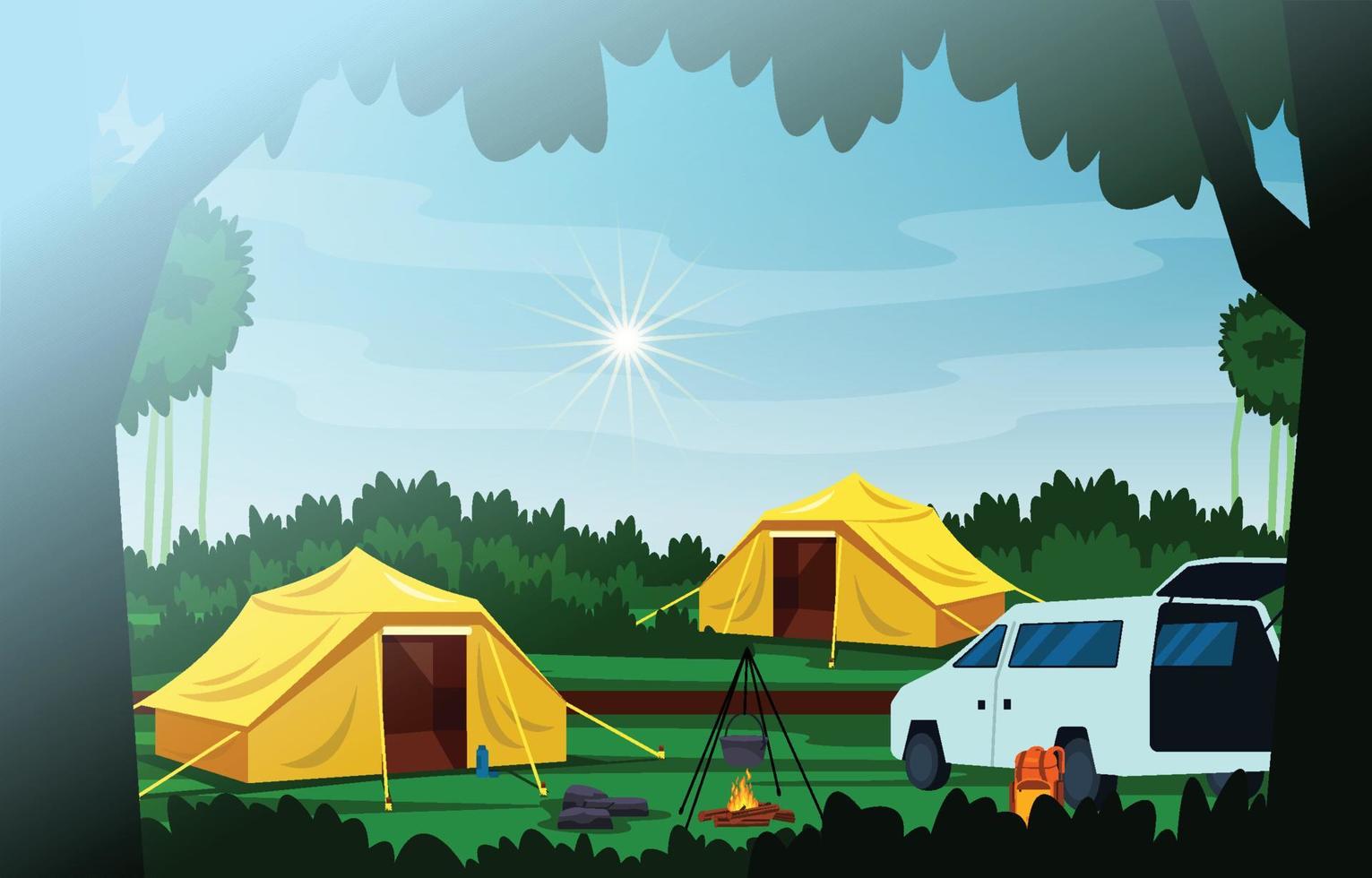 campamento de vacaciones tienda aventura al aire libre hermosa naturaleza paisaje vector