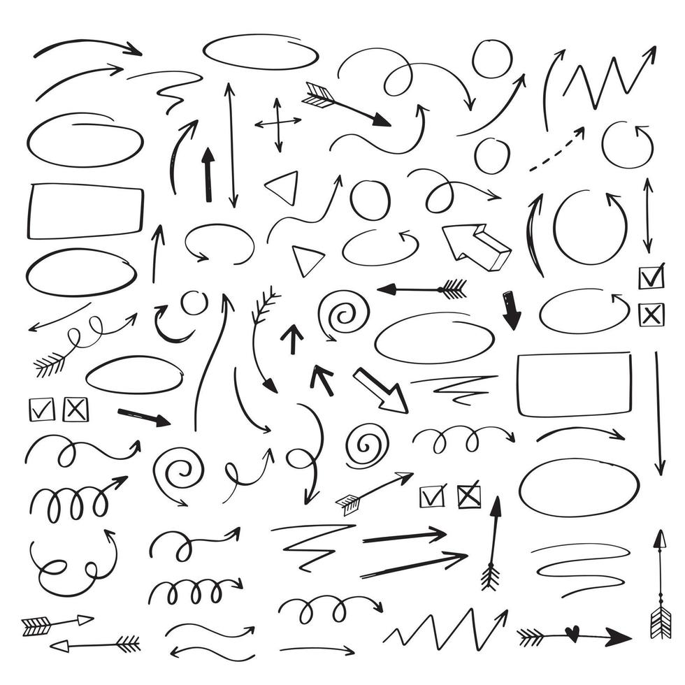 Vector doodle design elements. Hand drawn arrows, frames, borders, icons and symbols. Cartoon style infographics elements.