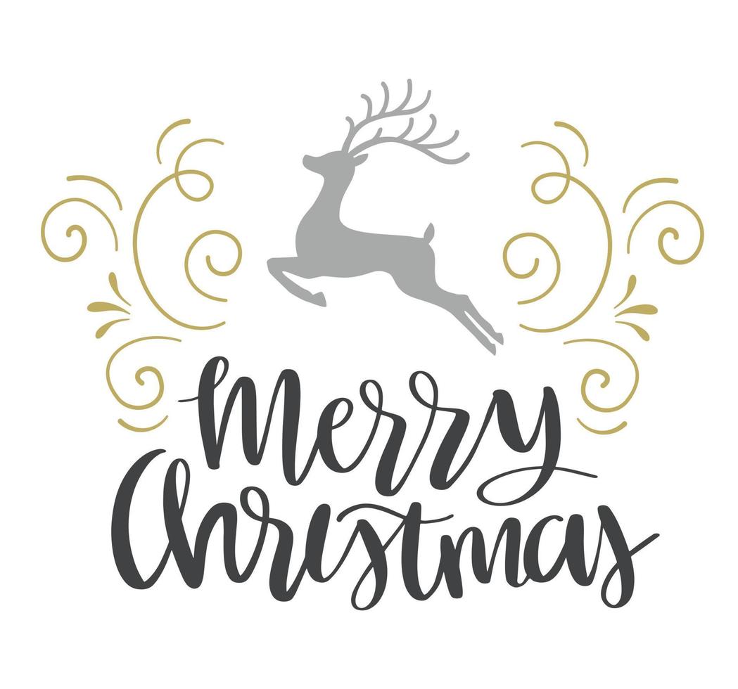 Hand drawn Merry Christmas lettering with deer silhouette and decorative swirls. Handwritten Christmas calligraphy. Greeting card design, label, emblem, tag. vector