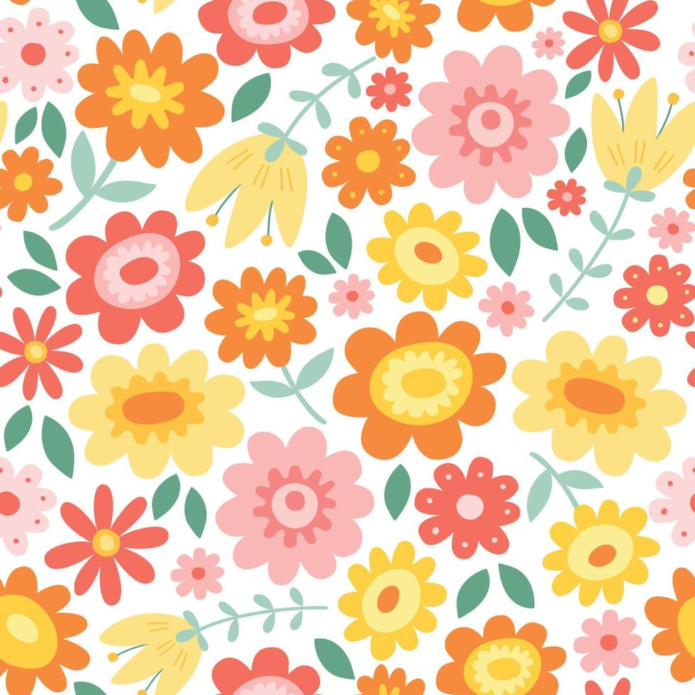 Vector floral pattern with flowers and leaves. Cute flower background. Spring summer seamless pattern.