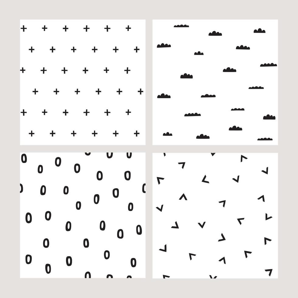 Collection of simple abstract vector pattern. Cute geometric seamless backgrounds in scandinavian style. Clouds, cross, plus sign, triangle, dots.