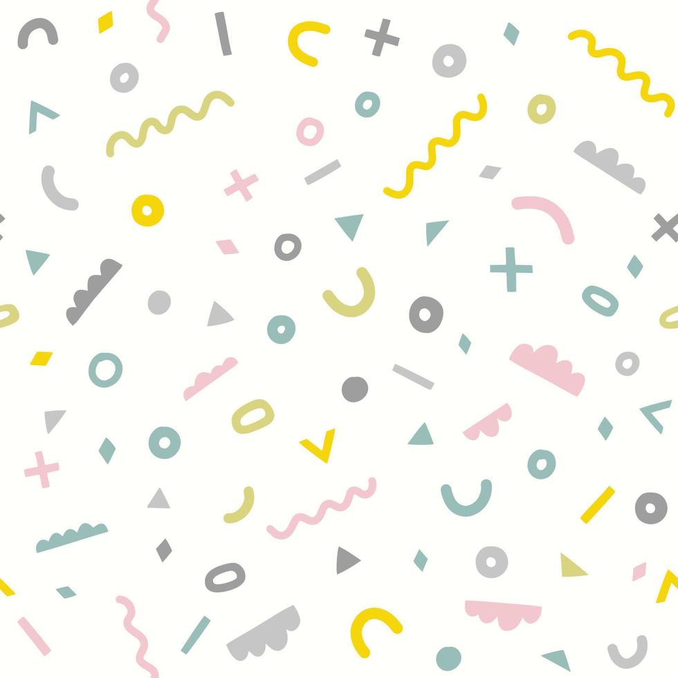 Cute retro geometric pattern. Abstract vector seamless background in memphis style. Hand drawn geometric figures in pastel colors.