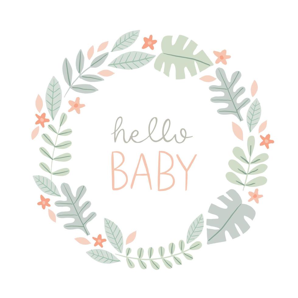 WebNew Baby Card with cute wreath and hand lettering. Hello Baby Baby shower invitation, birth announcement, nursery poster, kids room or apparel. vector