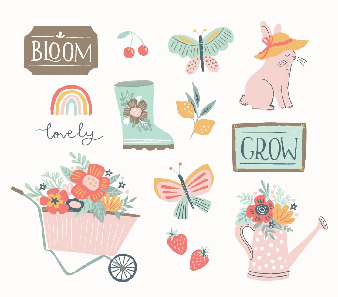 juego de jardinería de primavera y verano, elementos dibujados a mano: caligrafía, flores, carretilla, lata de riego y otros. perfecto para web, tarjeta, afiche, portada, etiqueta, invitación, pegatinas. ilustración vectorial vector