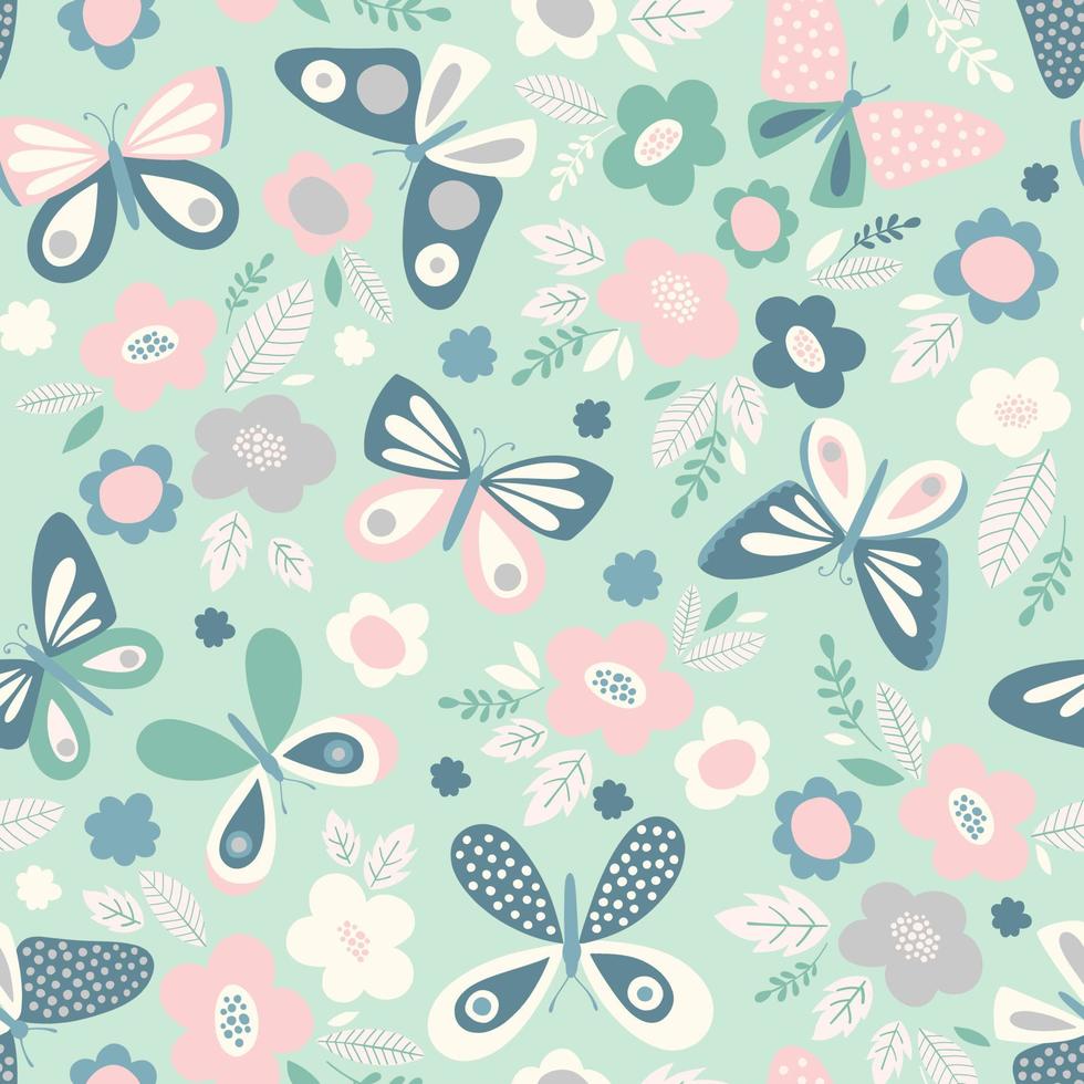 Seamless pattern with butterflies and flowers. Spring vector illustration in delicate, subtle colors. Feminine background, print for fabric.