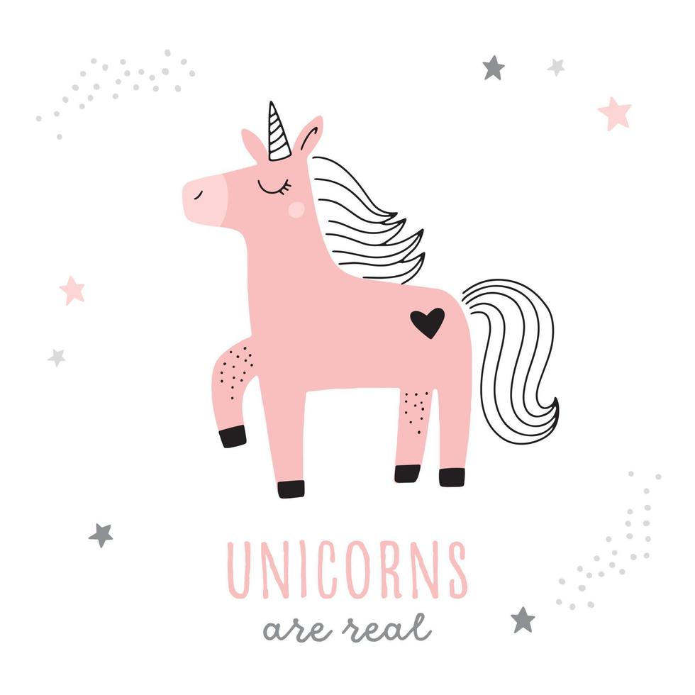 Unicorns are real. Childish illustration with cute magical unicorn in the night sky with hand lettering.  Vector illustration in scandinavian style for nursery posters, clothing, kids room decor.