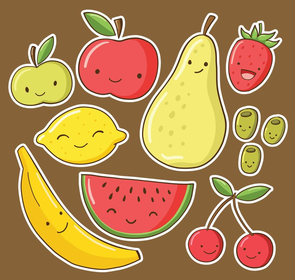 Cute smiling fruits vector set on brown background. Funny cartoon food illustration.