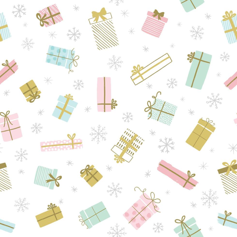 Christmas gifts, presents vector pattern with snowflakes. Seamless background with gift boxes. Illustration for greeting cards, invitations, posters.