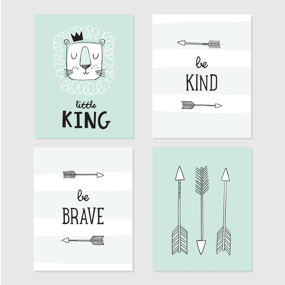 Lion Little King, be brave, be kind, tribal arrows vector illustrations. Set of cute designs for posters for baby room, greeting card, baby shower invitation.