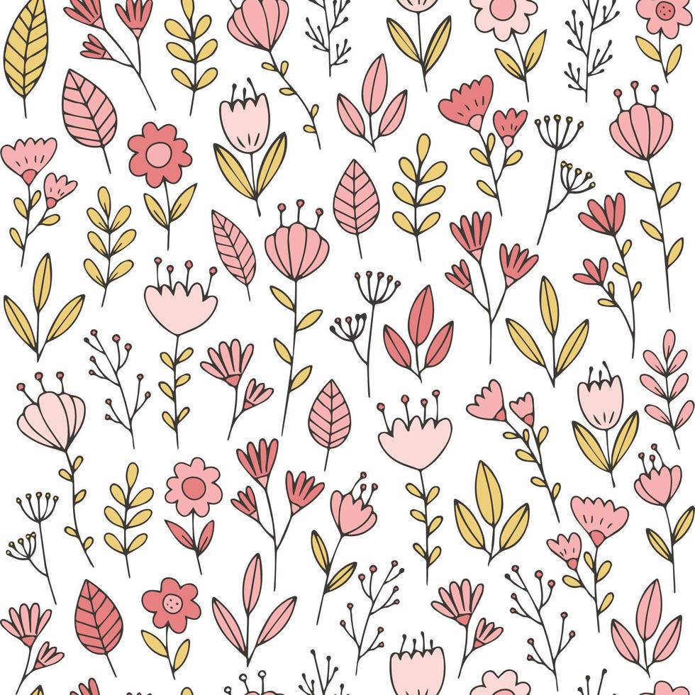 Doodle floral pattern. Vector seamless background with flowers and leaves. Cute feminine repeating design.