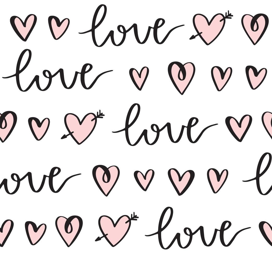 Love seamless pattern with hand lettering and doodle hearts. Vector Valentine's Day background. Design for gift wrap, stationery, textiles, clothing, home decor.