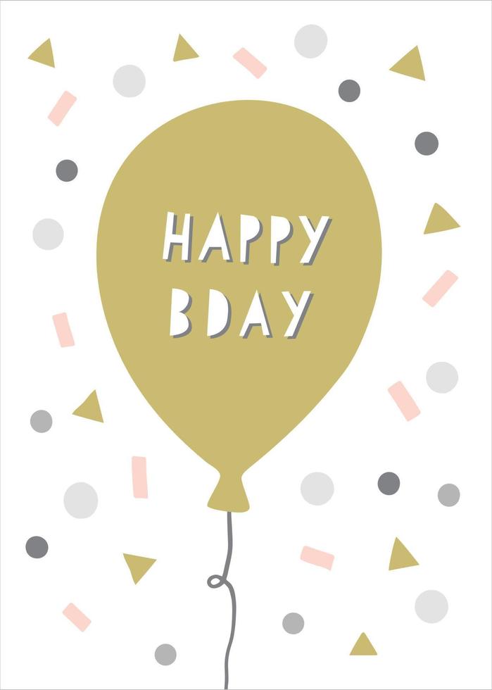 Happy Birthday card with balloon and confetti. Greeting card design. Vector illustration.