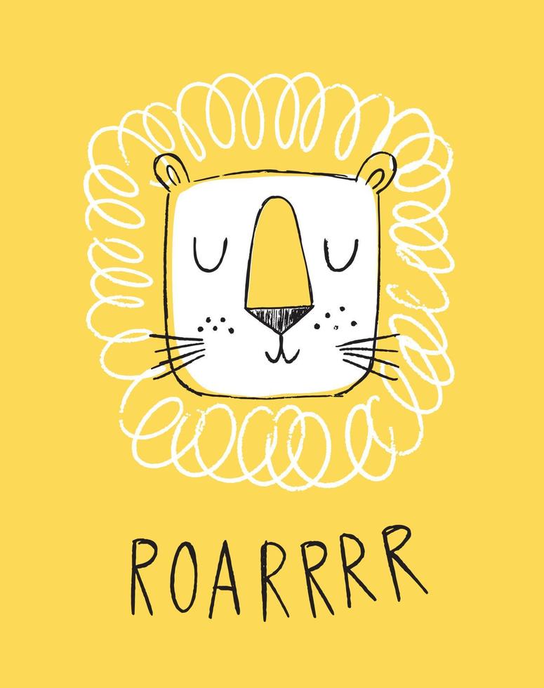 Lion hand drawn illustration vector in doodle style. Cute lion head with word roar. Kids, baby design for cards, poster, nursery wall art, clothing. Scandinavian style.