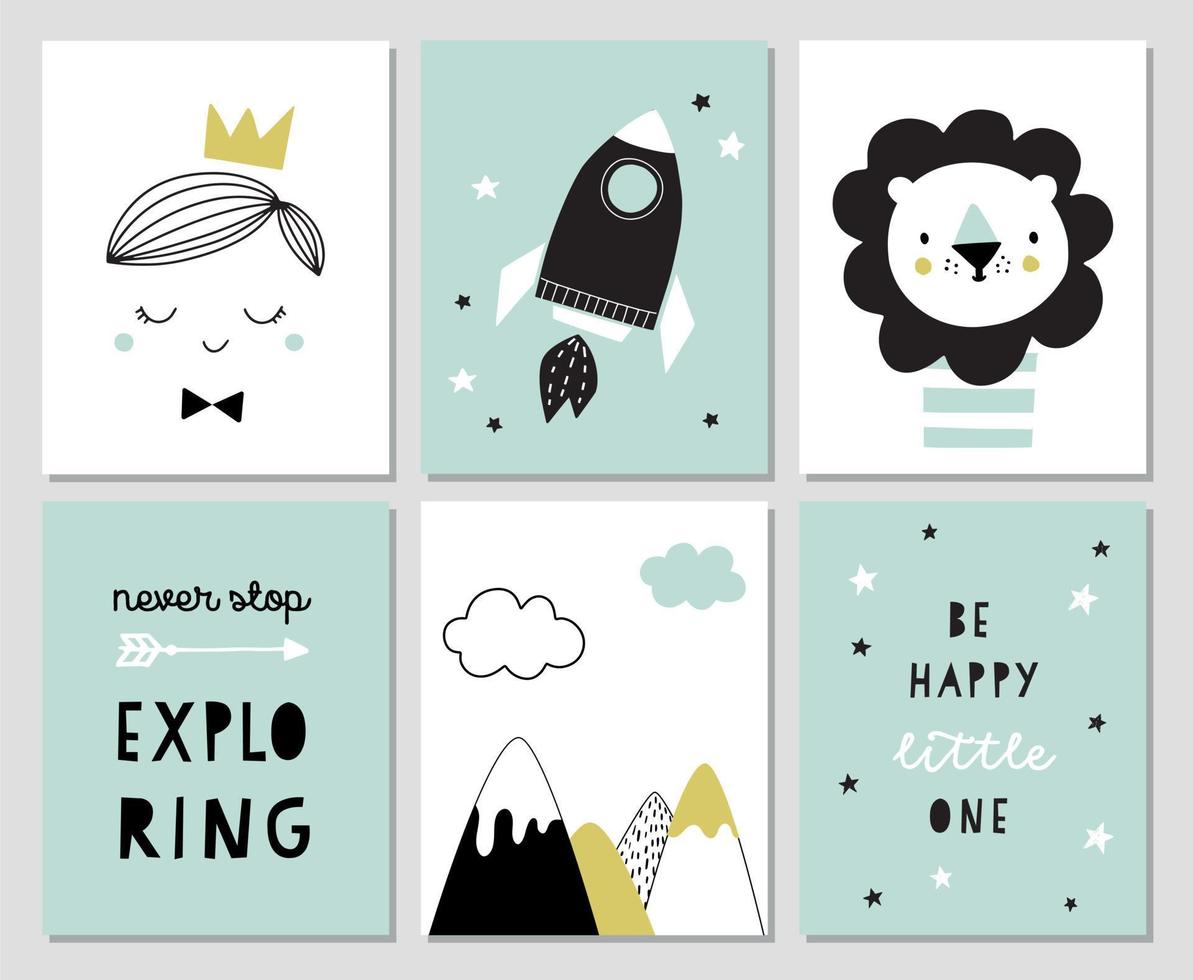 juego de carteles para la habitación de los niños o la guardería en estilo escandinavo. linda ilustración dibujada a mano para imprimir, invitación de baby shower, tarjeta de felicitación. príncipe, león, montañas, cohete espacial, explorador. vector