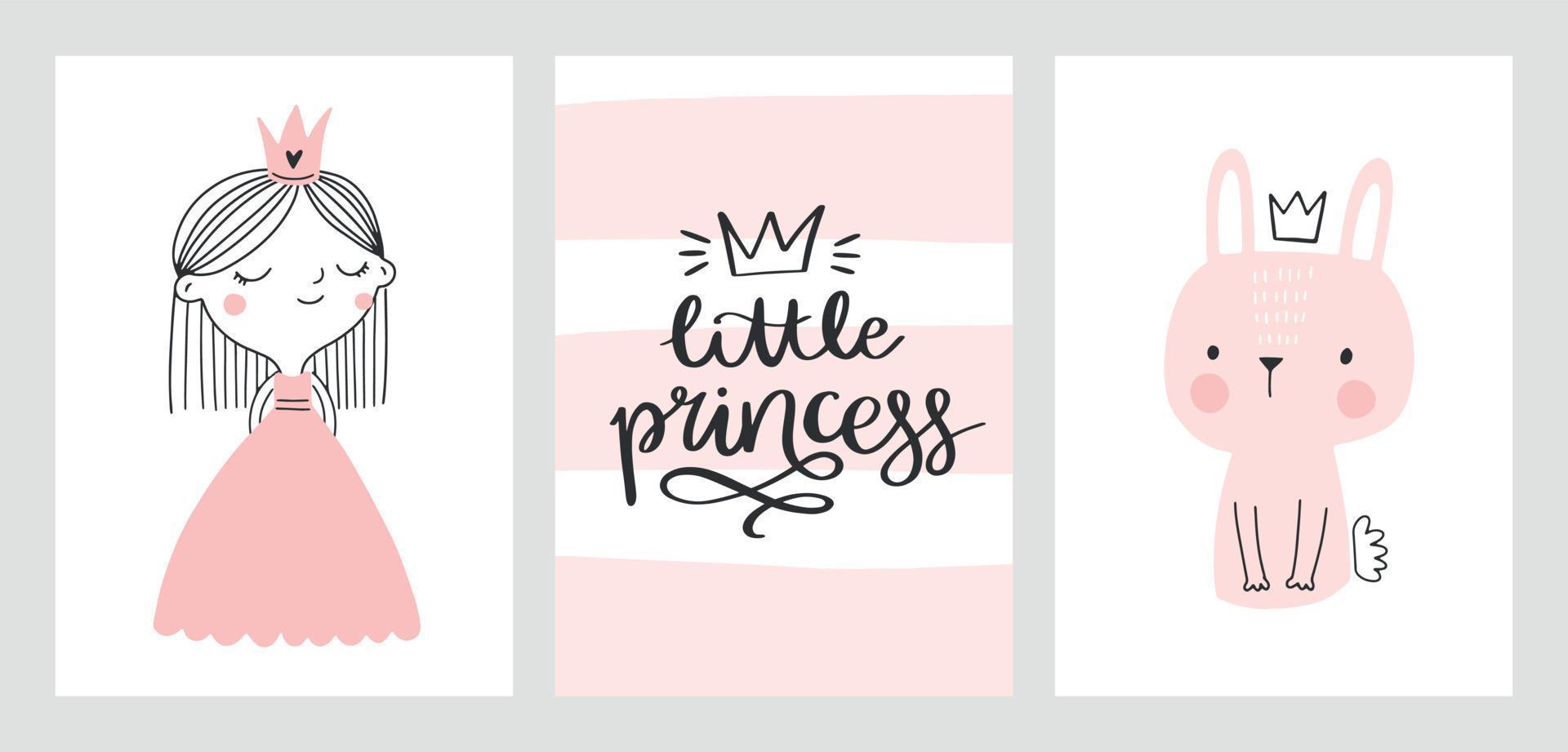 pequeñas tarjetas de princesas para bebés, carteles de guardería, invitaciones para baby shower. linda princesa, conejito, letras dibujadas a mano. ilustración vectorial escandinava para impresiones, tarjetas, prendas de vestir. vector