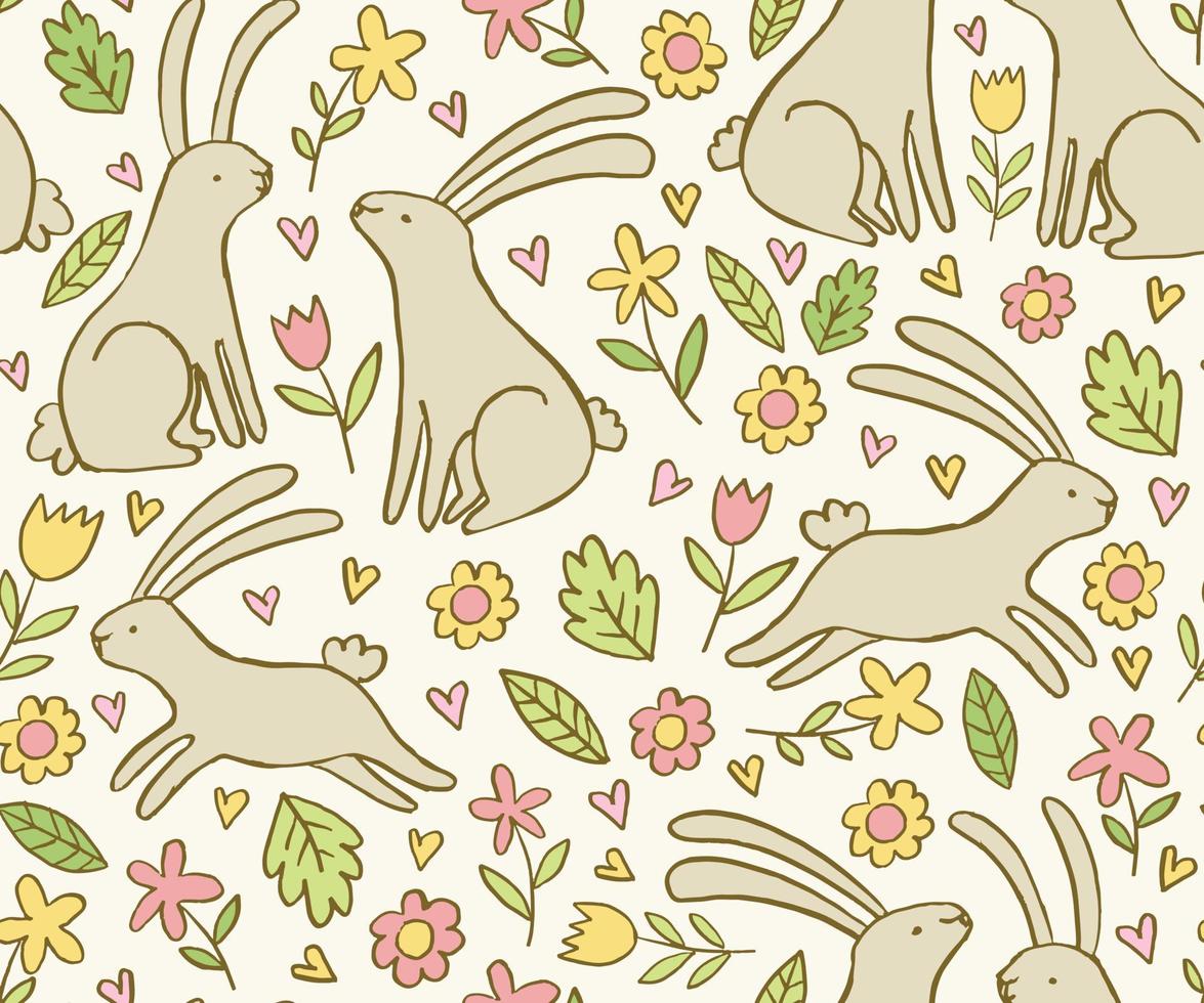 Cute hand drawn pattern with bunnies and flowers. Doodle floral spring vector pattern with rabbits. Easter design.