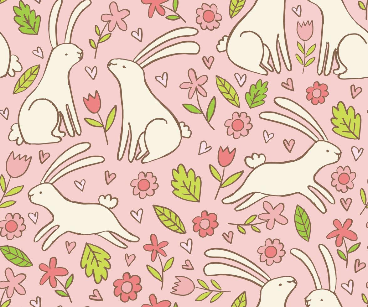 Cute floral pattern with rabbits. Doodle vector seamless background with bunnies, flowers and leaves. Baby girl, childish design.