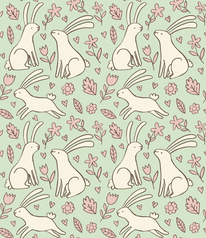 Delicate spring vector pattern with rabbits and flowers. Cute bunnies seamless background in doodle style.