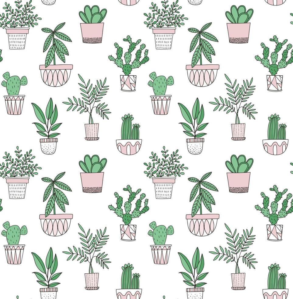 Potted plants vector pattern in doodle scandinavian style. Succulents, cacti and other house plants in geometric pots. Seamless background.