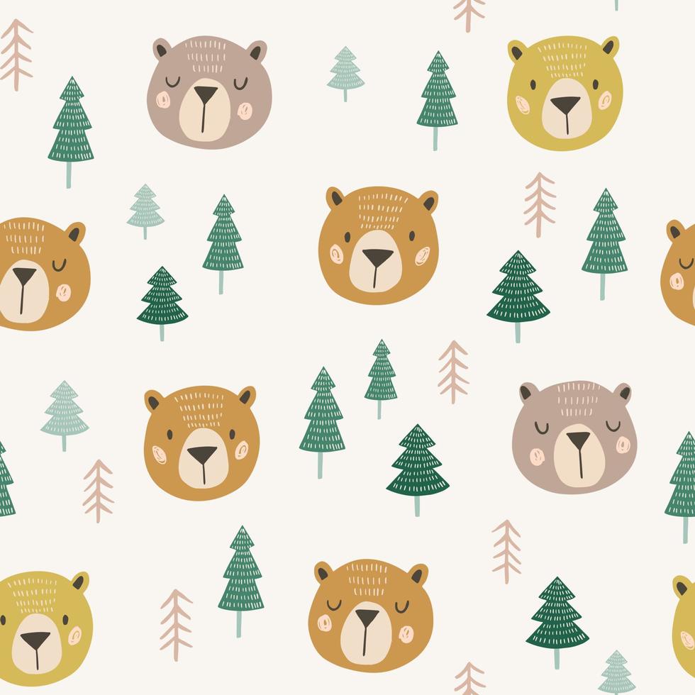 Cute vector pattern with bears and forest. Woodland seamless design for baby, kid.  Childish illustration.