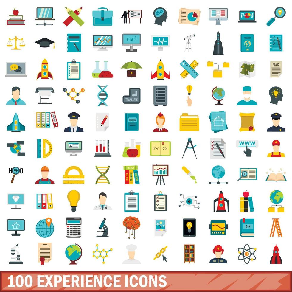 100 experience icons set, flat style vector