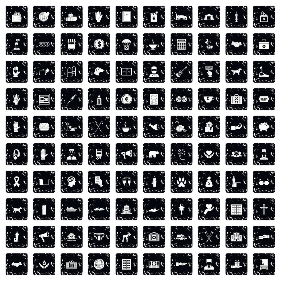 100 donation icons set, grunge style vector