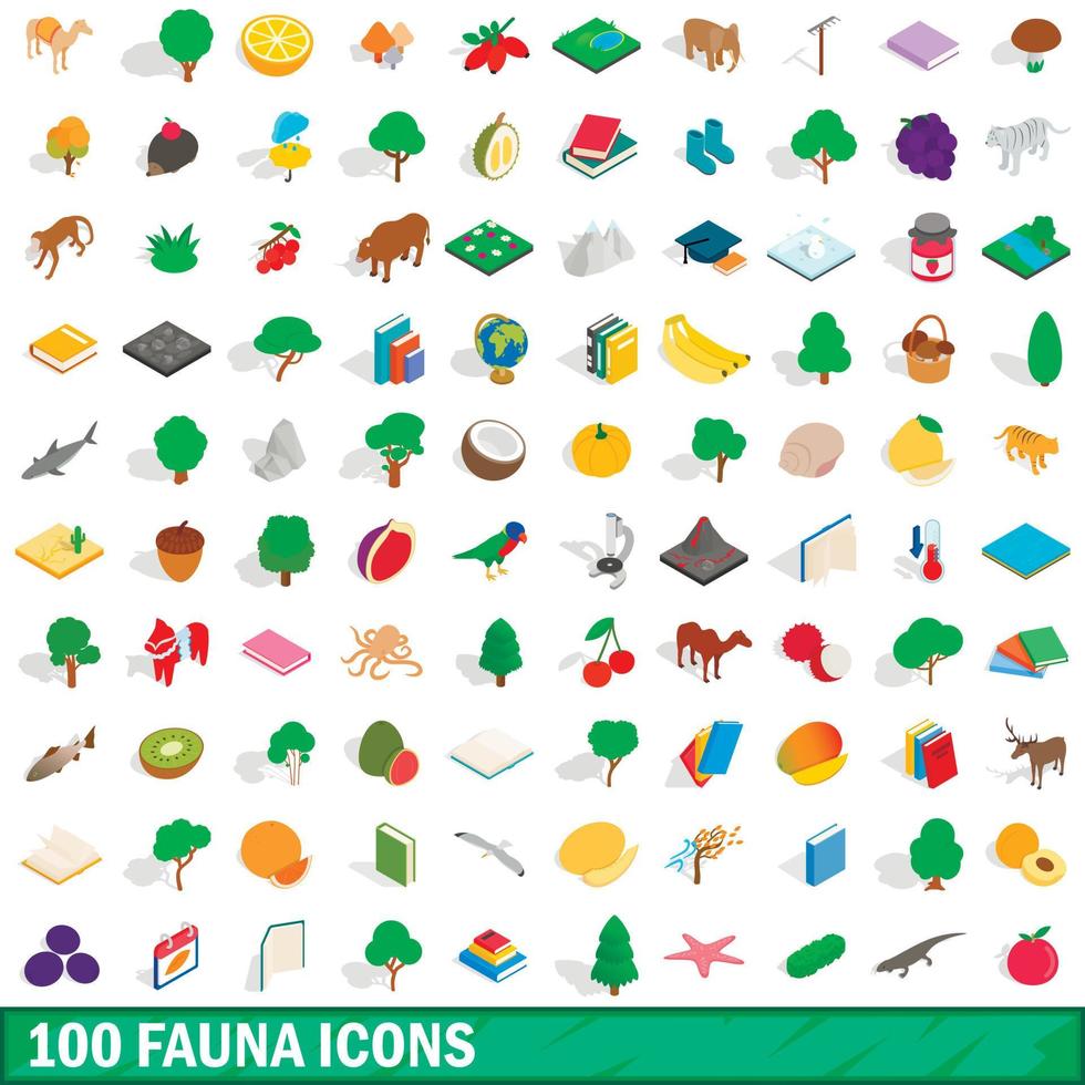 100 fauna icons set, isometric 3d style vector