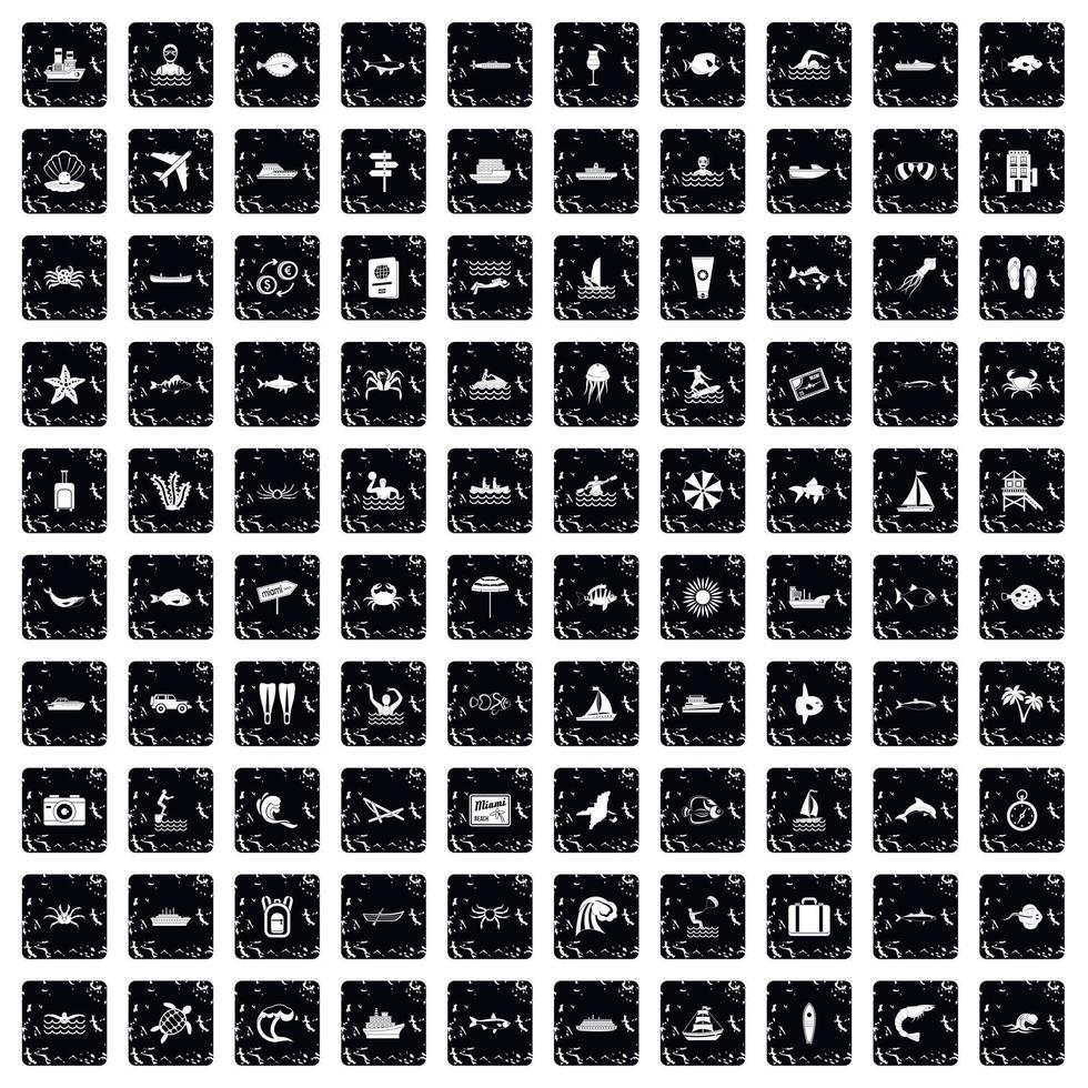 100 ocean icons set, grunge style vector