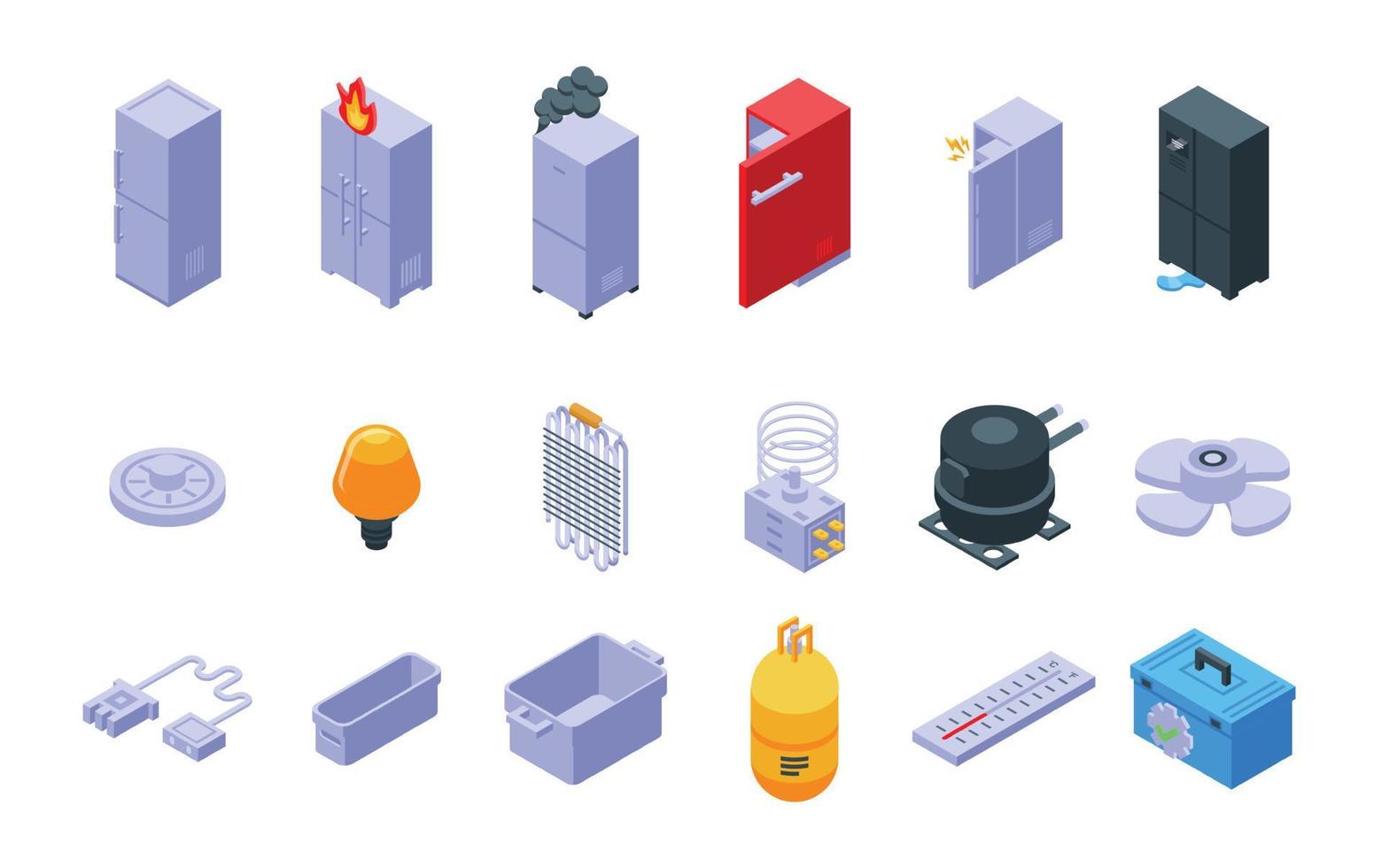 Refrigerator repair icons set isometric vector. Fridge maintenance vector