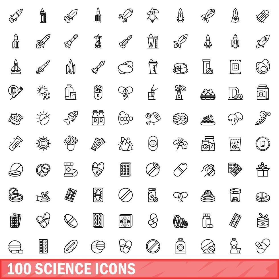 100 science icons set, outline style vector