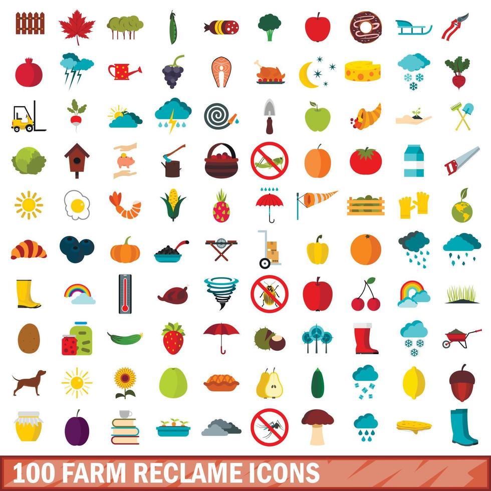 100 farm reclame icons set, flat style vector