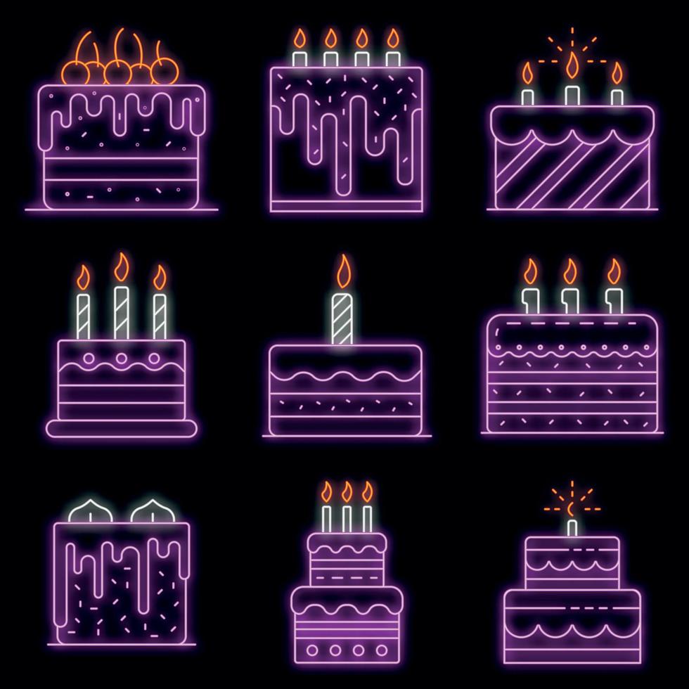 Cake birthday icons set vector neon