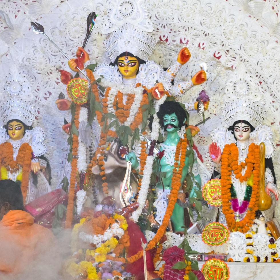 Kolkata, India, September 29,2021 - Goddess Durga with traditional look in close up view at a South Kolkata Durga Puja, Durga Puja Idol, A biggest Hindu Navratri festival in India photo